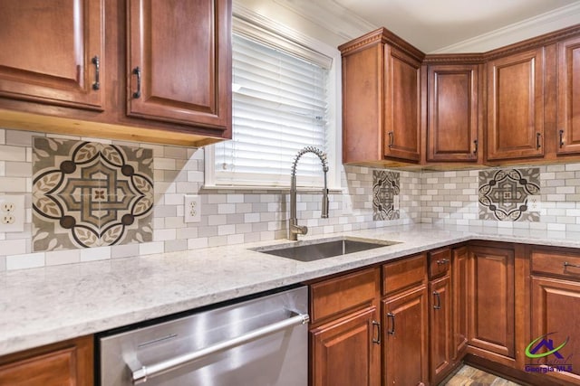 kitchen featuring dishwasher, sink, decorative backsplash, ornamental molding, and light stone countertops