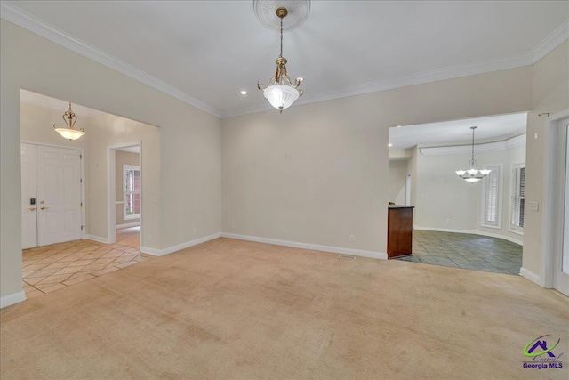 interior space featuring ornamental molding, plenty of natural light, and a chandelier