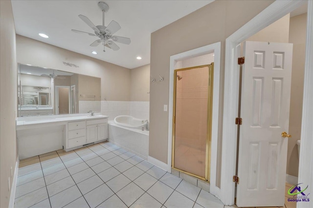 bathroom with ceiling fan, tile patterned floors, independent shower and bath, and vanity