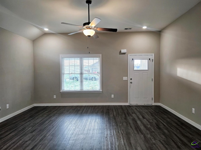 entrance foyer featuring ceiling fan, dark hardwood / wood-style floors, and a healthy amount of sunlight
