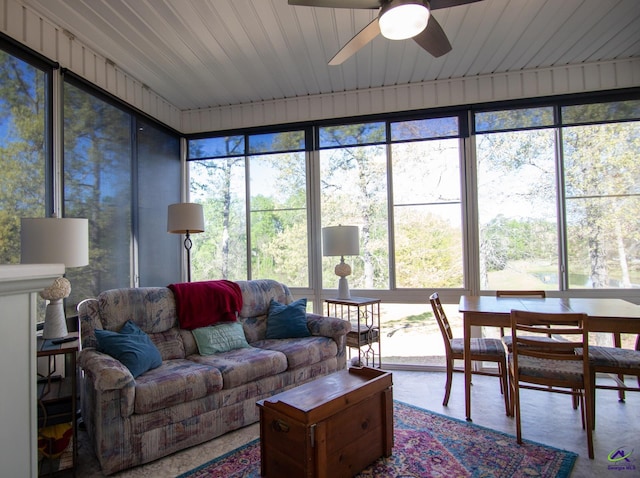 sunroom featuring ceiling fan