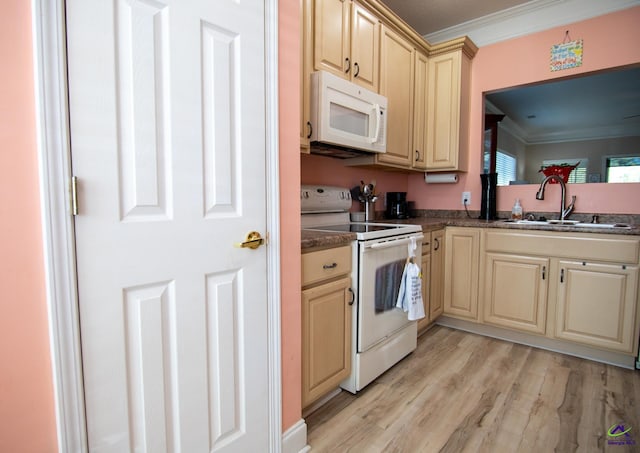 kitchen featuring white appliances, ornamental molding, sink, and light wood-type flooring