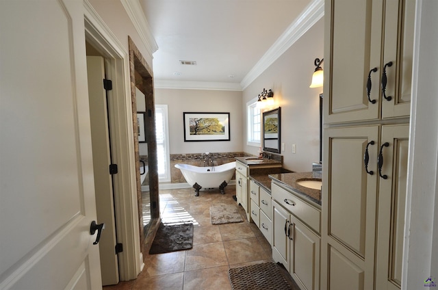 bathroom featuring crown molding, vanity, and a bathtub