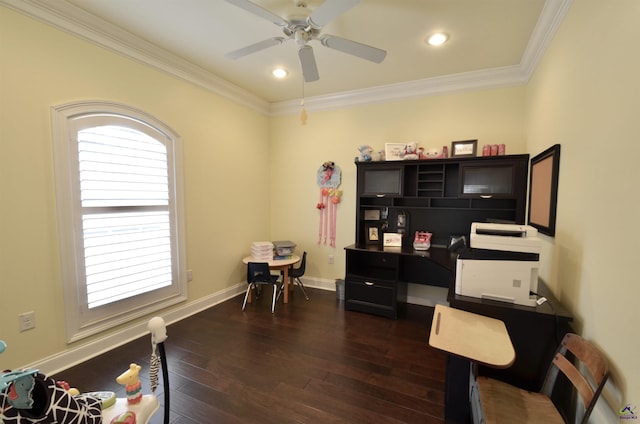 office area featuring ornamental molding, ceiling fan, and dark hardwood / wood-style flooring