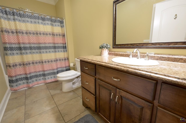 bathroom with vanity, tile patterned flooring, curtained shower, and toilet