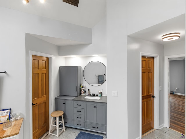 bathroom with hardwood / wood-style flooring and vanity