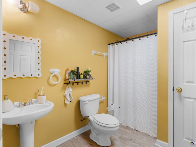 bathroom with sink, hardwood / wood-style flooring, walk in shower, toilet, and a drop ceiling