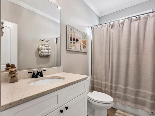 full bathroom with shower / bathtub combination with curtain, ornamental molding, toilet, and vanity