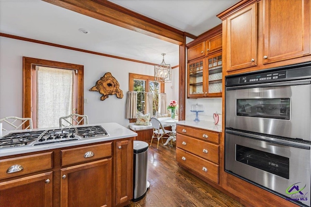 kitchen with an inviting chandelier, crown molding, dark wood-type flooring, and stainless steel appliances