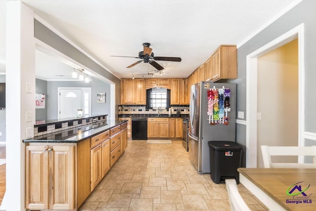 kitchen featuring tasteful backsplash, crown molding, dark stone countertops, ceiling fan, and stainless steel appliances