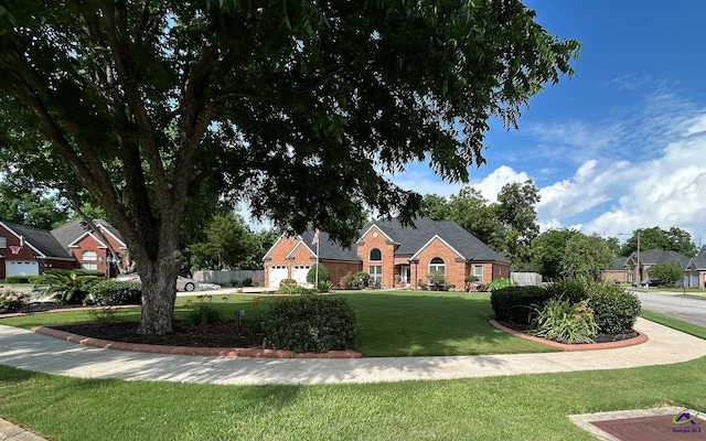 view of front of house with concrete driveway, a front lawn, and an attached garage