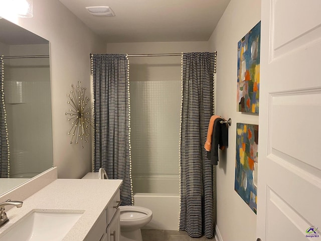 full bathroom with toilet, shower / bathtub combination with curtain, tile patterned flooring, and vanity