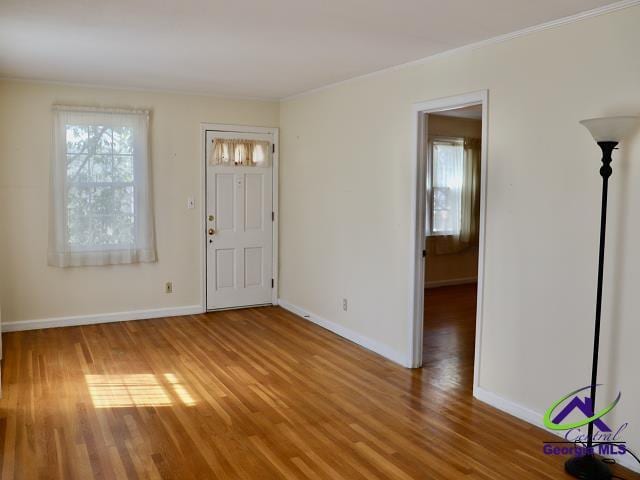 foyer entrance with plenty of natural light, baseboards, and wood finished floors