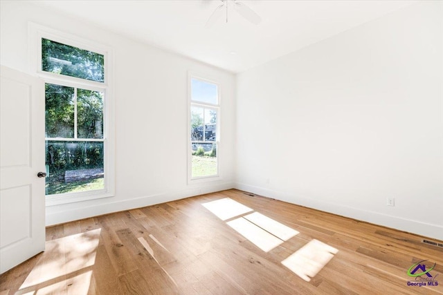 spare room with ceiling fan and light hardwood / wood-style flooring