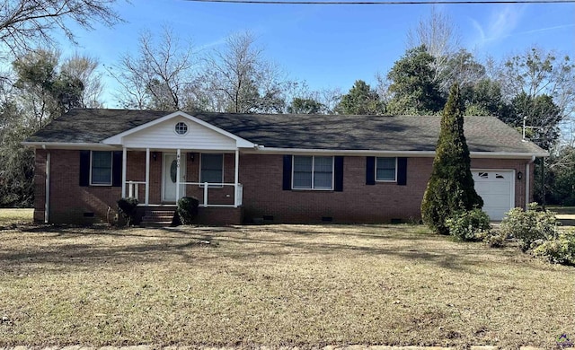 ranch-style house featuring a garage, a front yard, and a porch