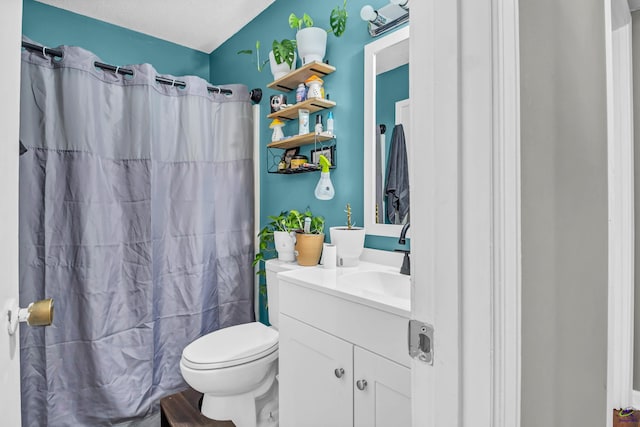 bathroom featuring vanity, a shower with curtain, and toilet