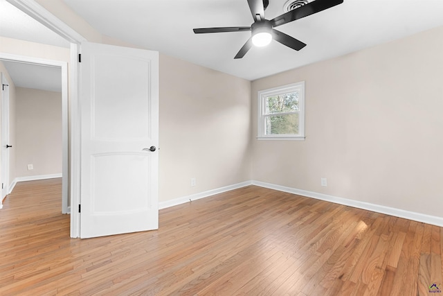 unfurnished bedroom with light hardwood / wood-style floors and ceiling fan