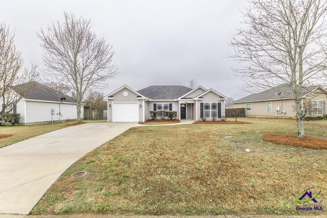 ranch-style house with a front lawn, an attached garage, and driveway