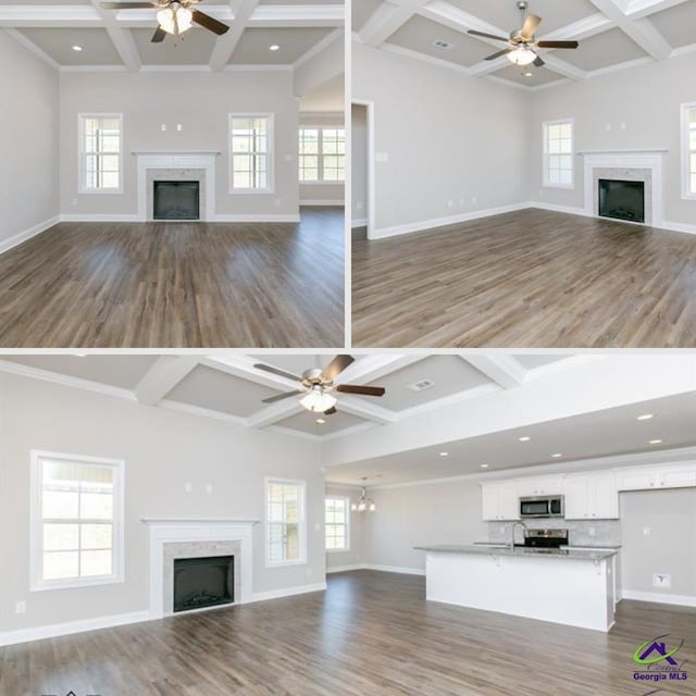 unfurnished living room with a ceiling fan, a wealth of natural light, and a fireplace