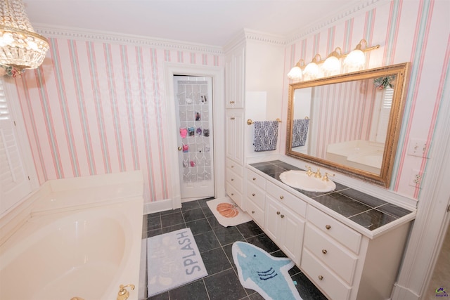 full bath with tile patterned floors, a garden tub, vanity, and wallpapered walls