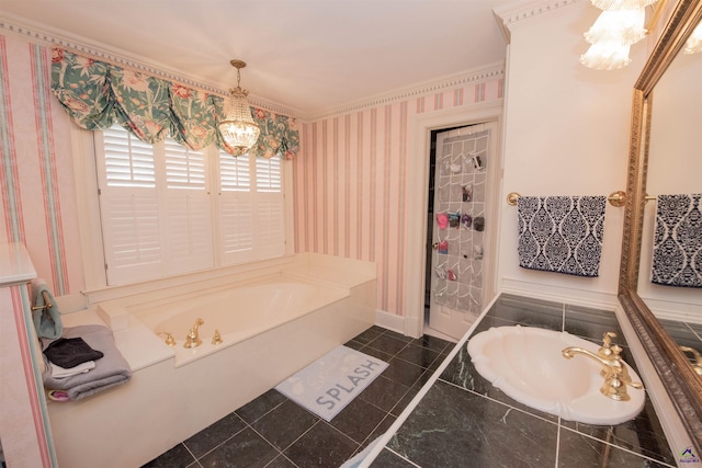 full bathroom featuring a chandelier, a garden tub, baseboards, tile patterned floors, and wallpapered walls