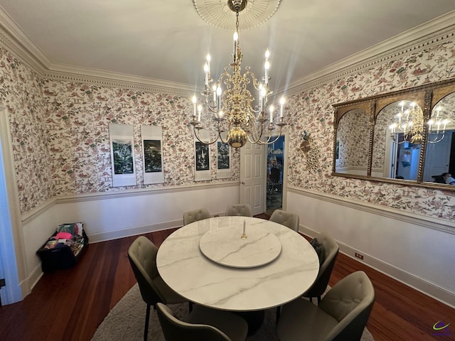 dining space with a wainscoted wall, dark wood-style flooring, and wallpapered walls