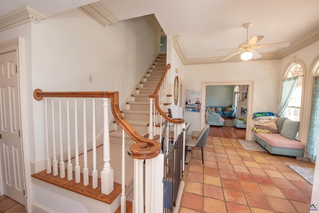 stairway featuring a ceiling fan and crown molding