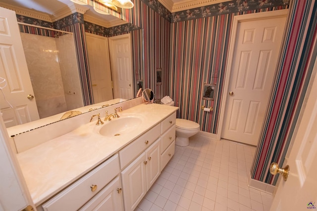 full bath featuring wallpapered walls, baseboards, a shower, tile patterned flooring, and vanity