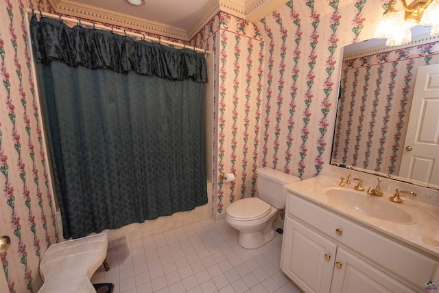 full bath featuring tile patterned flooring, vanity, toilet, and wallpapered walls