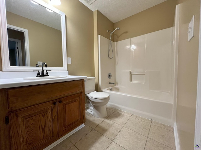 bathroom featuring shower / bath combination, toilet, tile patterned floors, a textured ceiling, and vanity