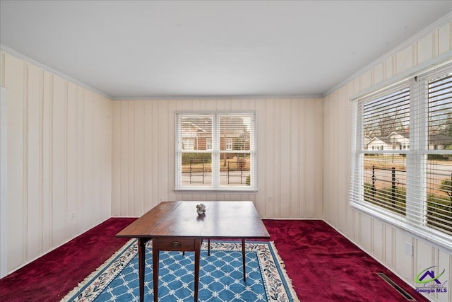 office area with carpet, visible vents, and plenty of natural light