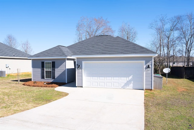 ranch-style house with a garage, a front lawn, cooling unit, and concrete driveway