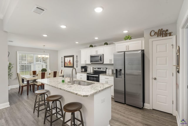 kitchen with stainless steel appliances, a sink, a kitchen breakfast bar, white cabinets, and a center island with sink