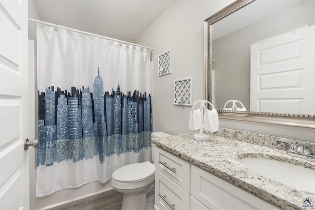 bathroom with shower / bathtub combination with curtain, vanity, toilet, and wood finished floors