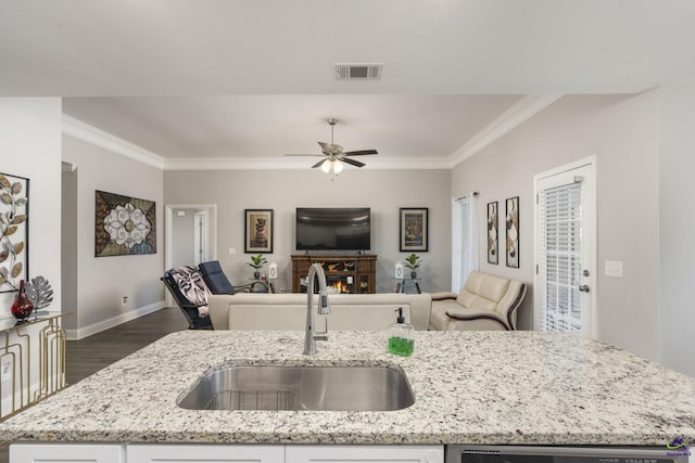 kitchen featuring light stone counters, open floor plan, visible vents, and a sink