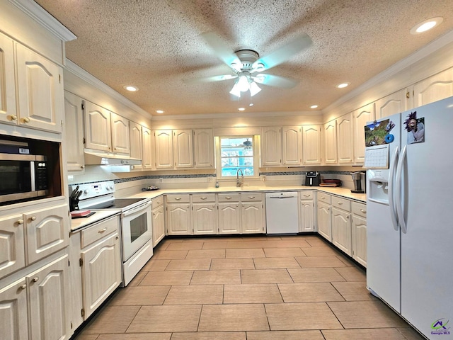 kitchen featuring recessed lighting, light countertops, ceiling fan, white appliances, and under cabinet range hood