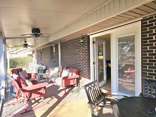 view of patio with a ceiling fan, a grill, and an outdoor hangout area