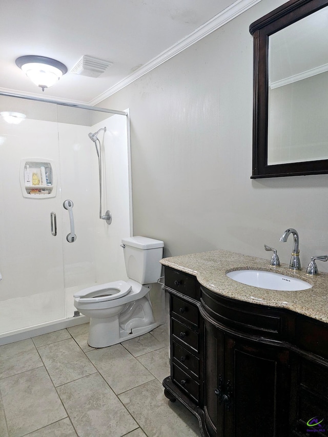 bathroom with visible vents, toilet, tile patterned floors, crown molding, and a shower stall