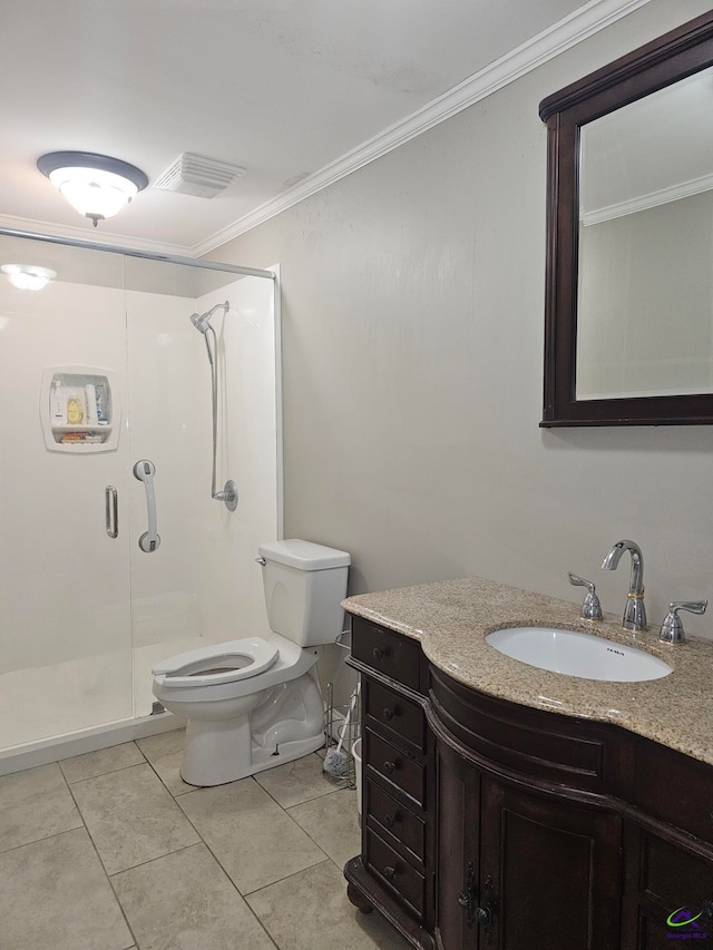 full bath with a stall shower, visible vents, toilet, tile patterned floors, and crown molding