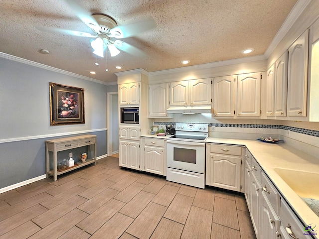 kitchen with wood tiled floor, under cabinet range hood, stainless steel microwave, and electric range