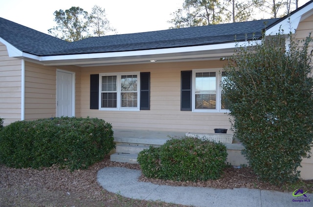 doorway to property featuring roof with shingles