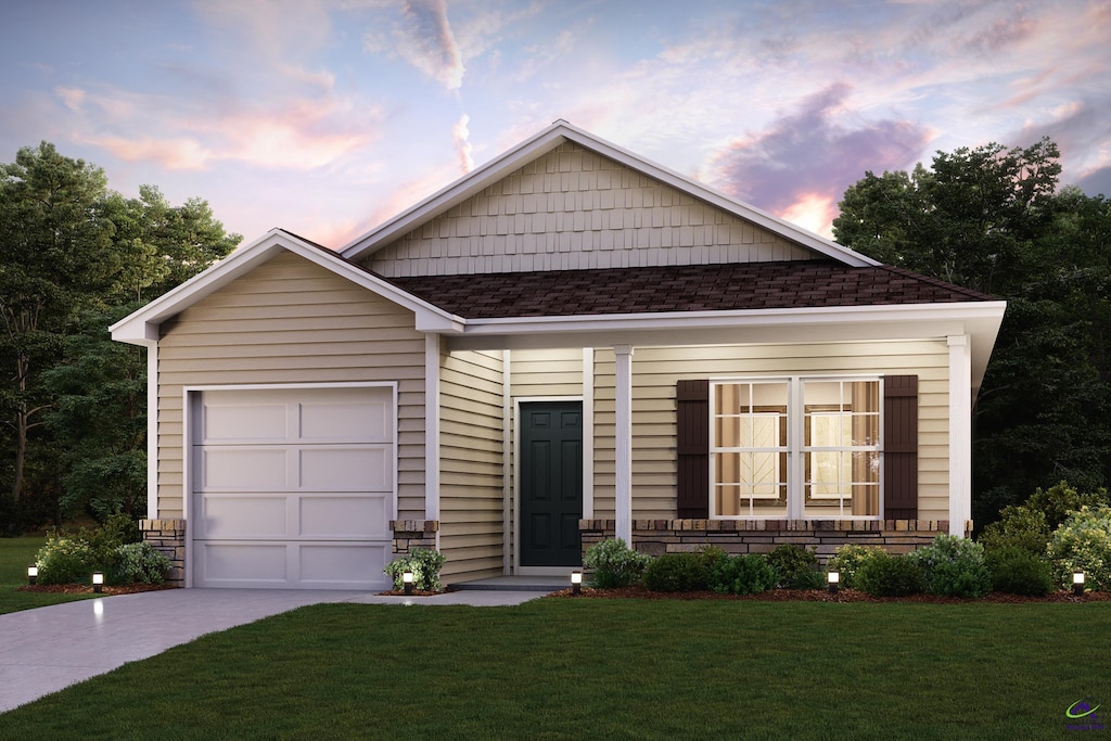 view of front of home featuring a garage, a front yard, stone siding, and a shingled roof