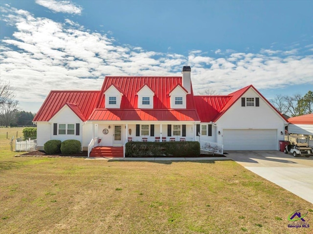 cape cod home featuring a garage, a front lawn, a chimney, and covered porch