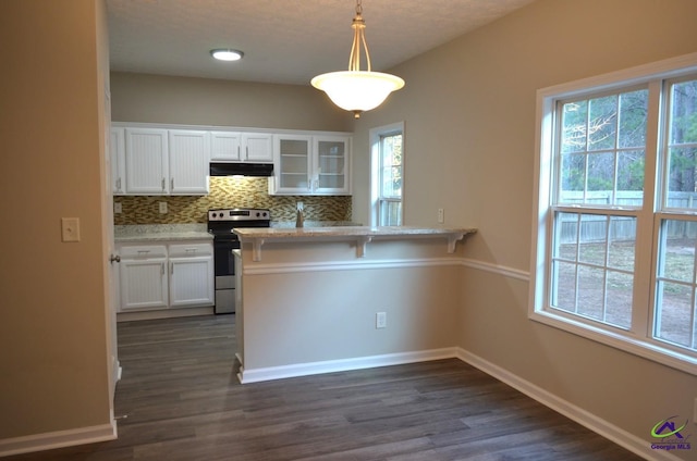 kitchen featuring decorative light fixtures, glass insert cabinets, stainless steel range with electric cooktop, white cabinetry, and under cabinet range hood