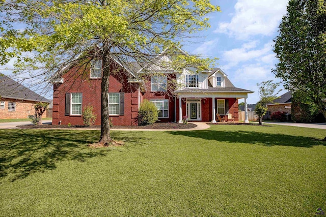 view of front facade with a front yard and brick siding