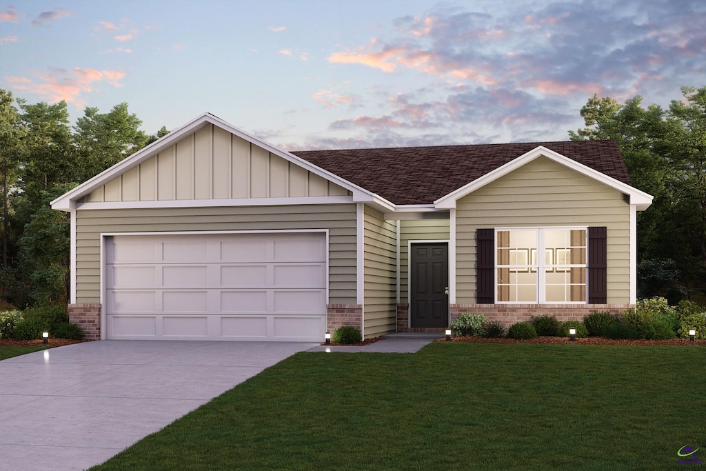 single story home featuring an attached garage, brick siding, concrete driveway, a front lawn, and board and batten siding