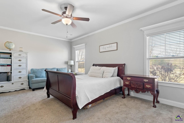 bedroom featuring light carpet, baseboards, ornamental molding, and ceiling fan