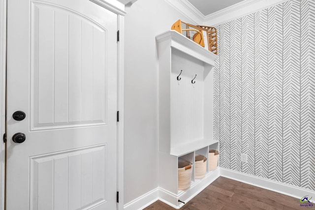 mudroom with baseboards, dark wood finished floors, and crown molding