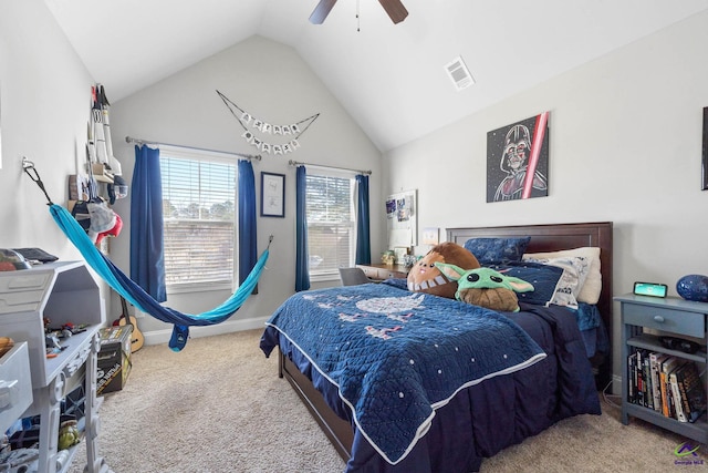 bedroom featuring visible vents, a ceiling fan, carpet flooring, vaulted ceiling, and baseboards