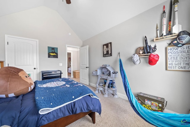 bedroom featuring ceiling fan, baseboards, vaulted ceiling, and carpet flooring